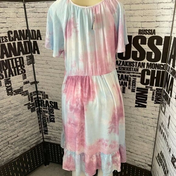 Torrid 0 Mauve Tie-Dye Lined Tie Tassel Neck Ruffle Hem Short Sleeve Dress - Picture 4 of 6